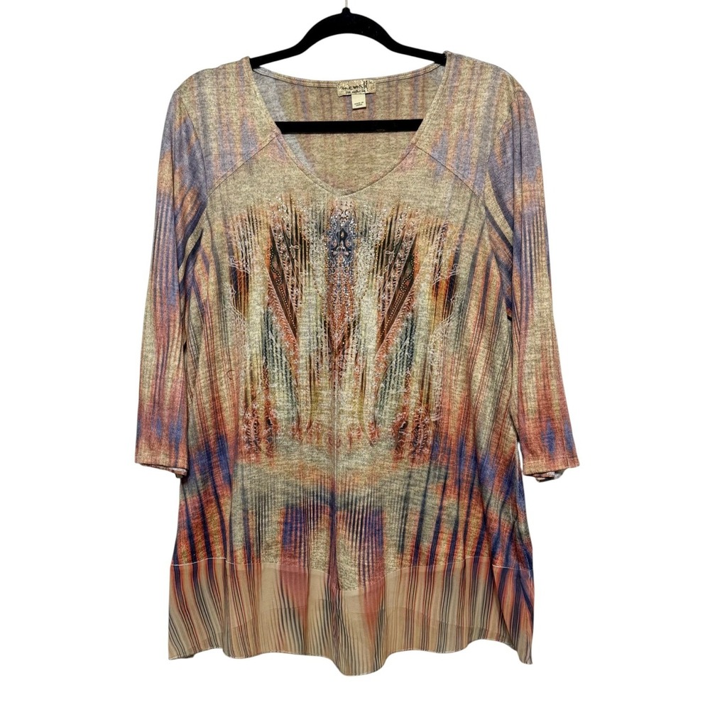 One World Boho Southwestern Beaded Tunic Top Women Size XL Earthtone Tribal Chic